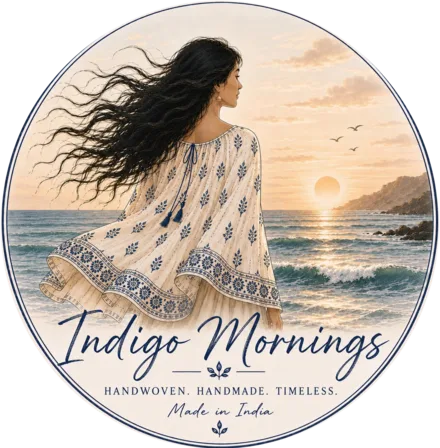 The Indigo Mornings emblem: a woman in a block-printed dress facing the sea